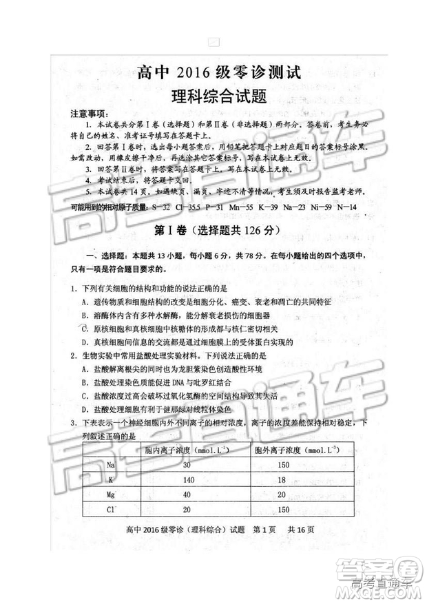 2019四川省仁壽縣高三11月份零診測(cè)試?yán)砭C試題及參考答案