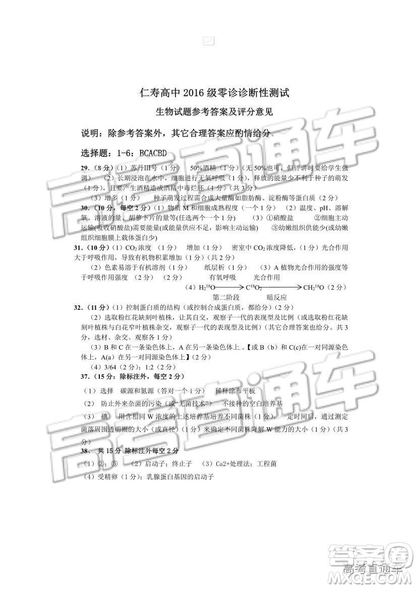 2019四川省仁壽縣高三11月份零診測(cè)試?yán)砭C試題及參考答案