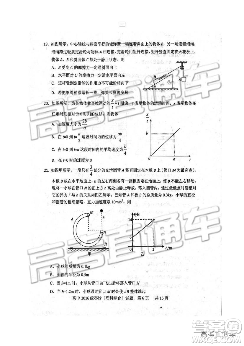 2019四川省仁壽縣高三11月份零診測(cè)試?yán)砭C試題及參考答案