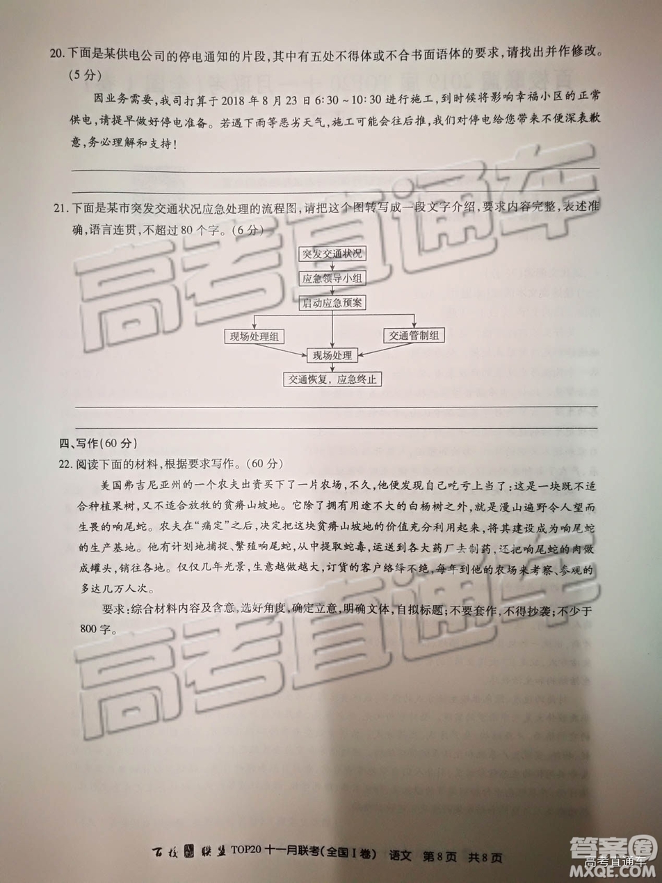 2019百校聯(lián)盟TOP20十一月聯(lián)考全國(guó)Ⅰ卷語(yǔ)文試題及參考答案