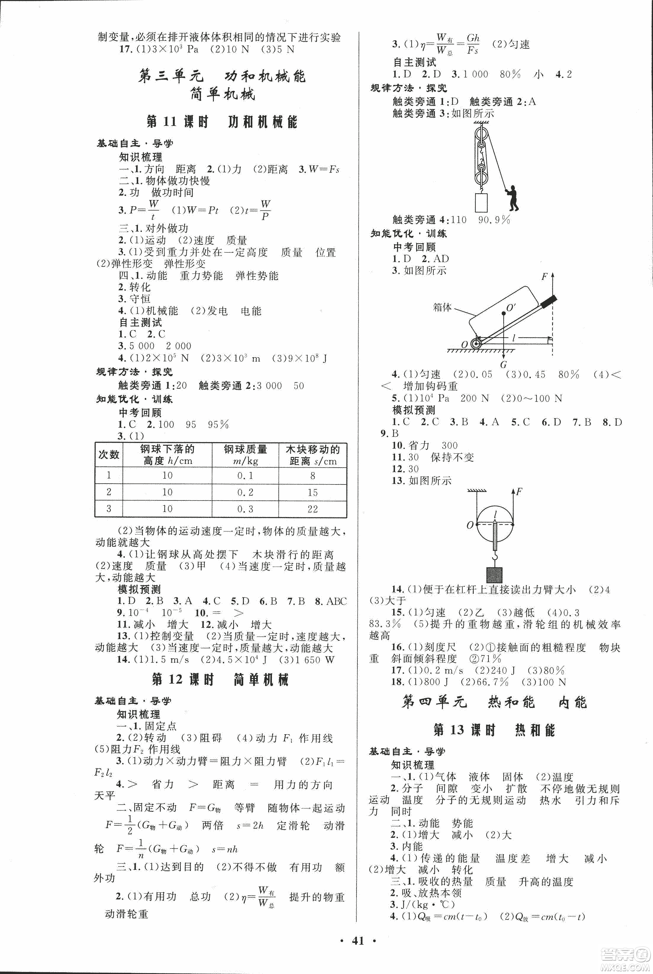 人教版2018年初中總復習優(yōu)化設計物理參考答案