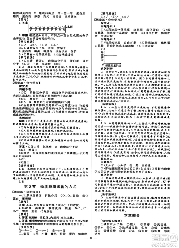 2018年高中同步學(xué)考優(yōu)化設(shè)計(jì)生物必修1人教版參考答案