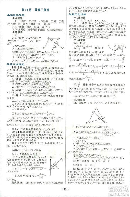 2018年初中總復(fù)習(xí)優(yōu)化設(shè)計(jì)浙江專(zhuān)版數(shù)學(xué)參考答案