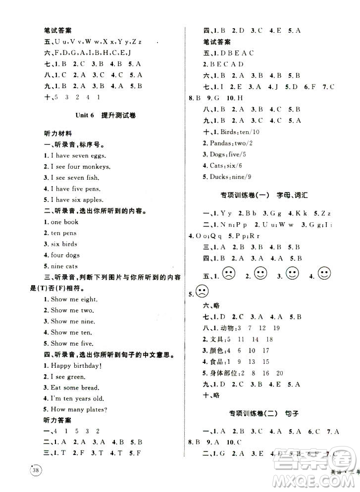 優(yōu)化設(shè)計(jì)2018版單元測(cè)試卷三年級(jí)英語(yǔ)上冊(cè)人教版參考答案