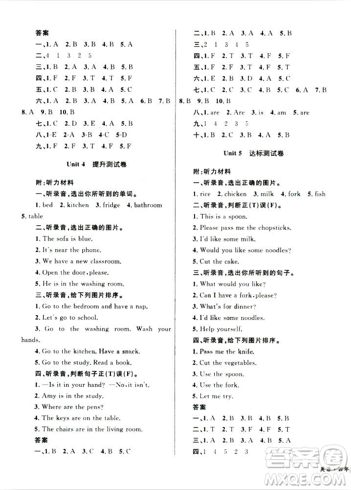 2018版優(yōu)化設(shè)計(jì)單元測(cè)試卷四年級(jí)英語(yǔ)上冊(cè)人教版參考答案