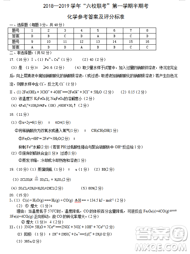 福建省六校聯(lián)考2018-2019學年第一學期半期考高三化學參考答案