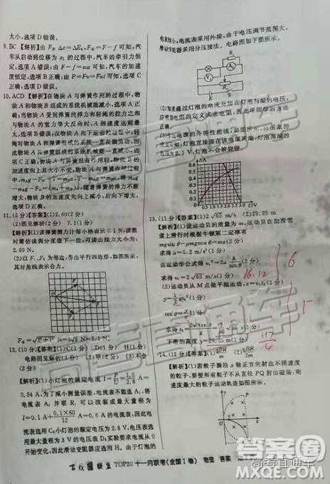 2019百校聯(lián)盟TOP20十一月聯(lián)考全國Ⅰ卷物理參考答案