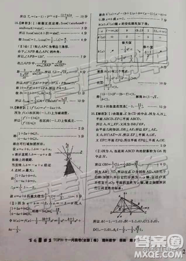 2019百校聯(lián)盟TOP20十一月聯(lián)考全國Ⅰ卷理數(shù)高三參考答案