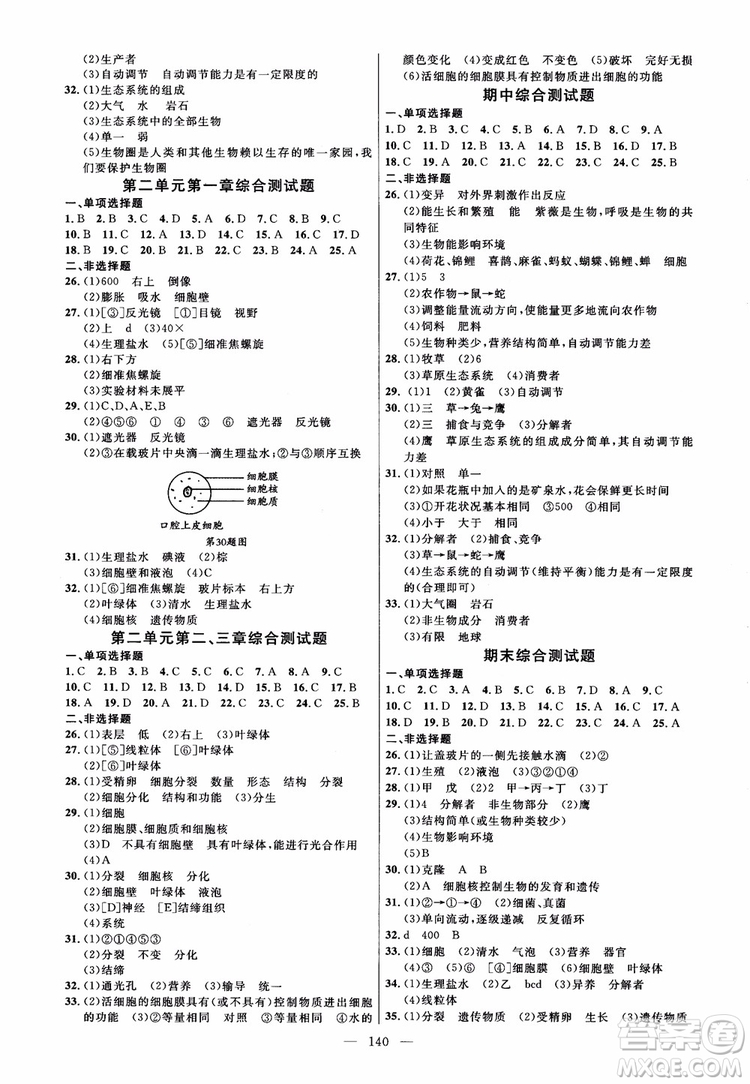 2018恒基細(xì)解巧練生物六年級(jí)上五四制魯教版參考答案