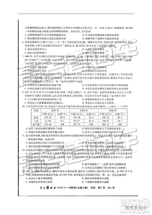 百校聯(lián)盟2019屆TOP20十一月高三聯(lián)考全國Ⅱ卷歷史試題及參考答案