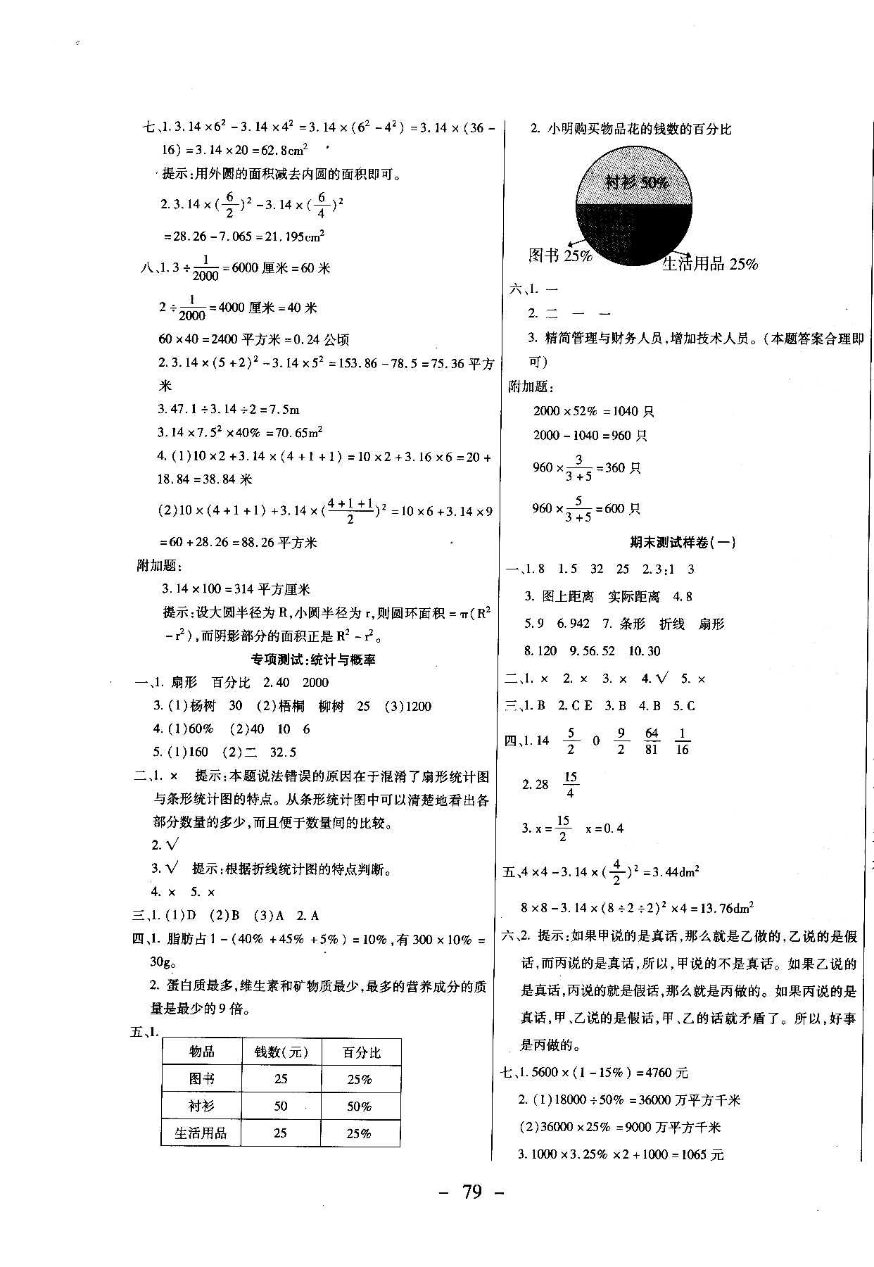 2018期末沖刺100分全程密卷六年級上冊數(shù)學(xué)冀教參考答案