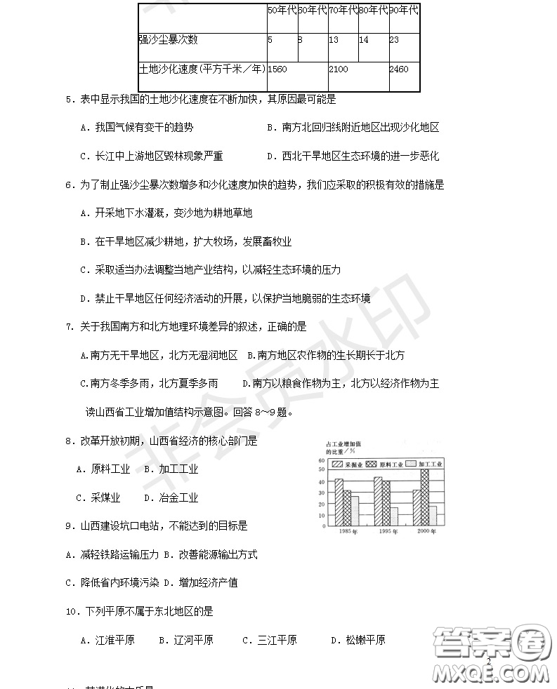 宿州市十三所重點中學2018-2019第一學期期中高二理科地理試題答案