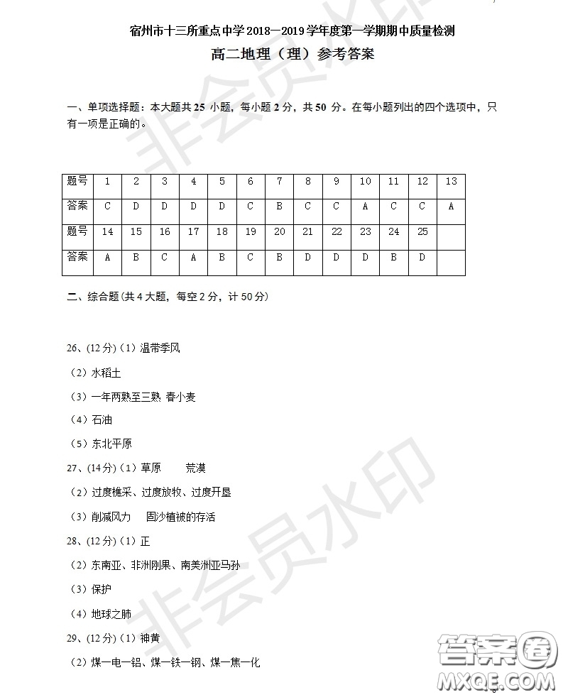 宿州市十三所重點中學2018-2019第一學期期中高二理科地理試題答案