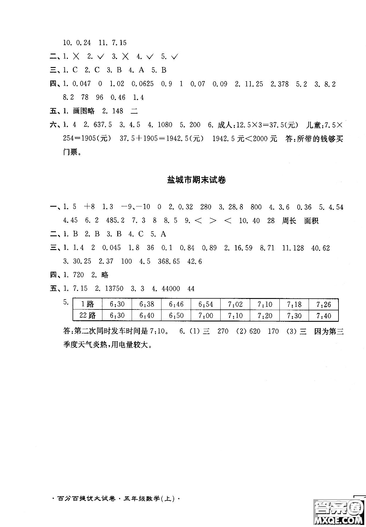 靈星教育2018年百分百提優(yōu)大試卷數(shù)學(xué)五年級上冊參考答案