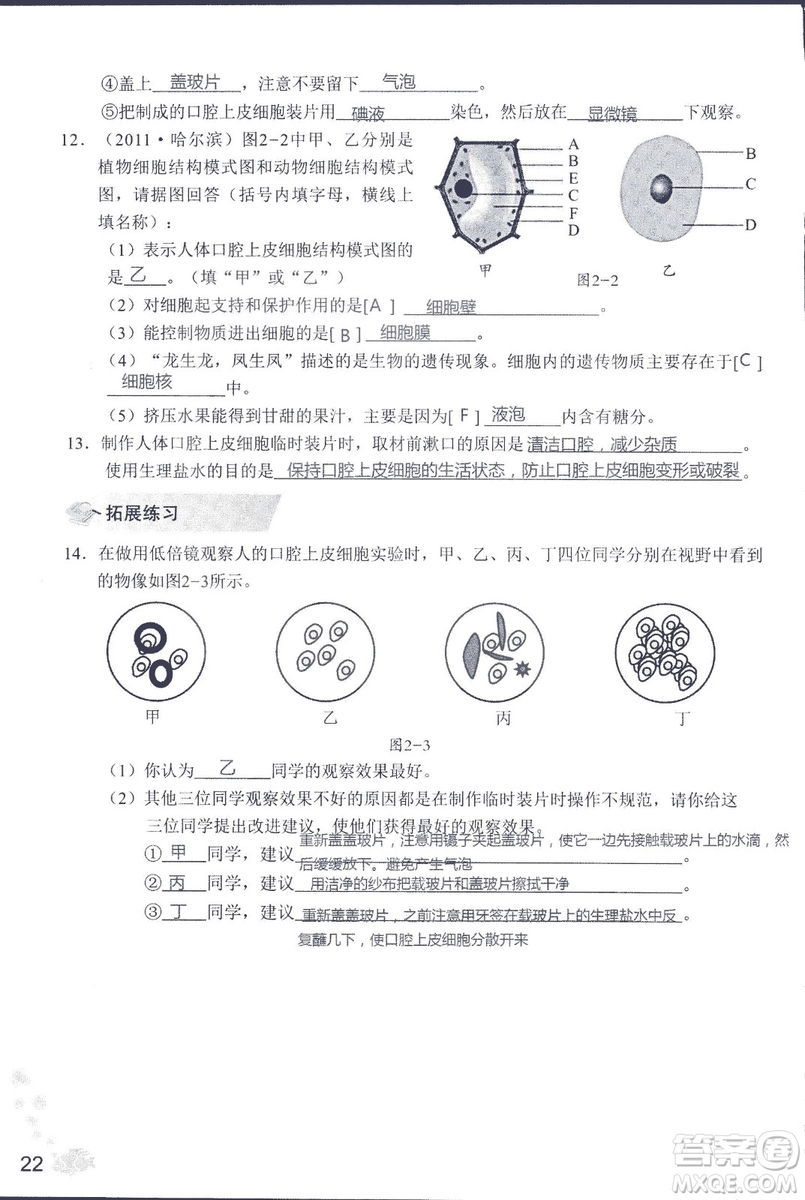 2018秋知識與能力訓(xùn)練生物學(xué)七年級上冊人教版答案