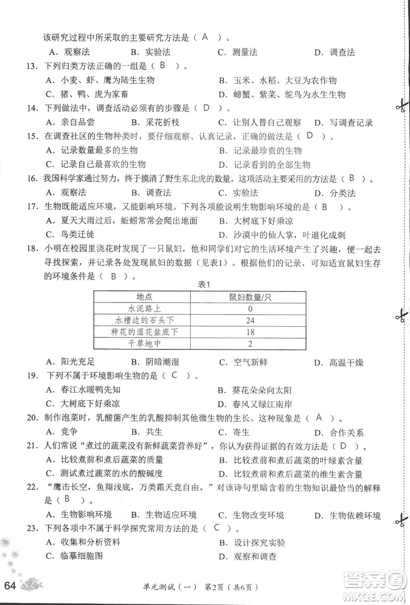 2018秋知識與能力訓(xùn)練生物學(xué)七年級上冊人教版答案