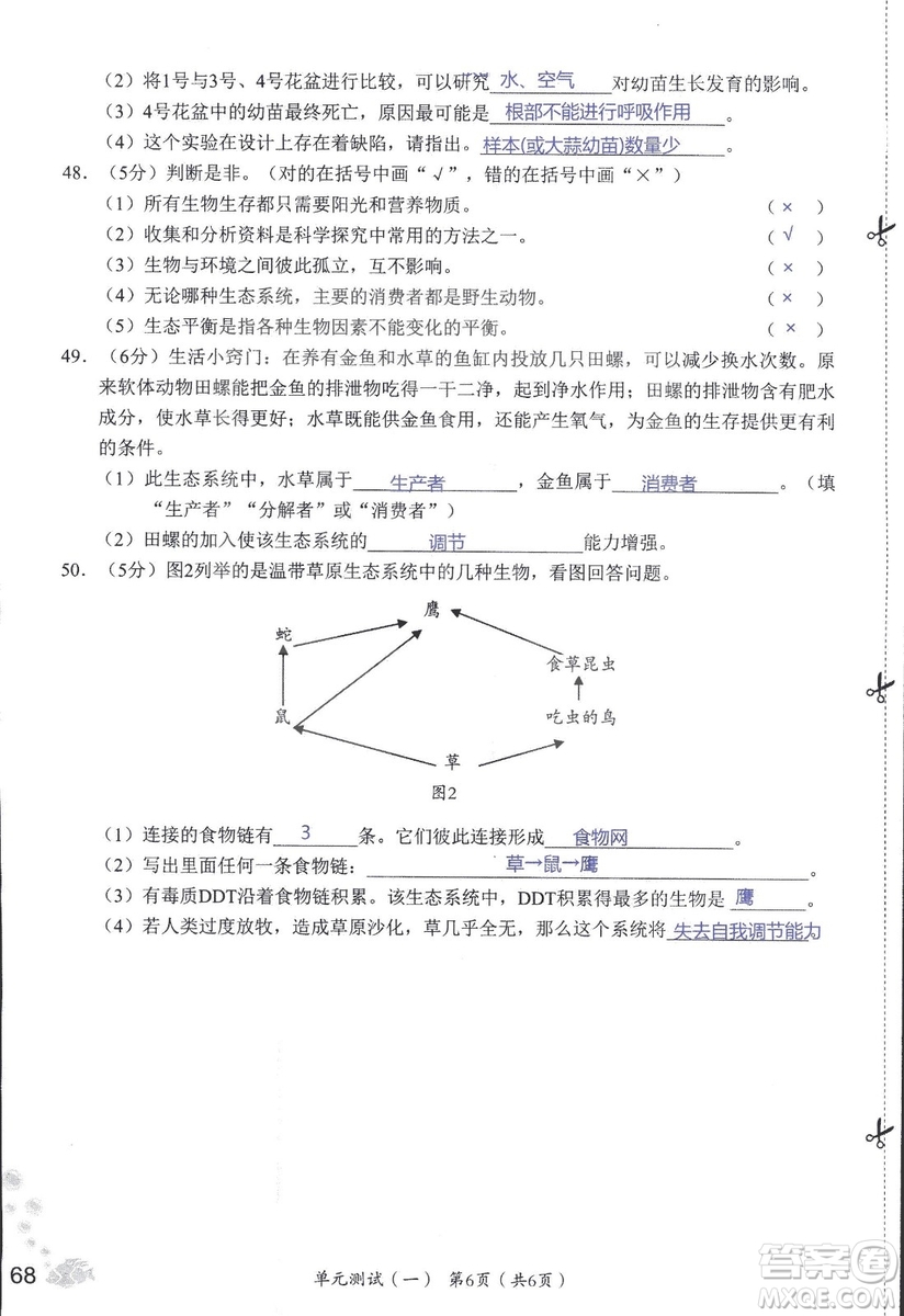 2018秋知識與能力訓(xùn)練生物學(xué)七年級上冊人教版答案