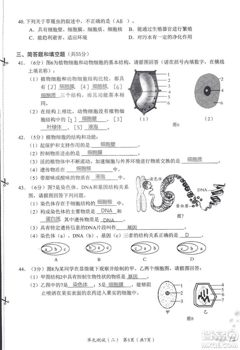 2018秋知識與能力訓(xùn)練生物學(xué)七年級上冊人教版答案