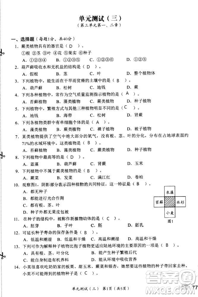 2018秋知識與能力訓(xùn)練生物學(xué)七年級上冊人教版答案