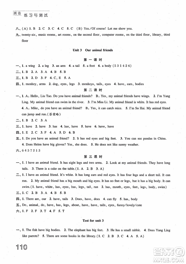 2018年蘇教版練習(xí)與測(cè)試小學(xué)英語(yǔ)五年級(jí)上冊(cè)參考答案