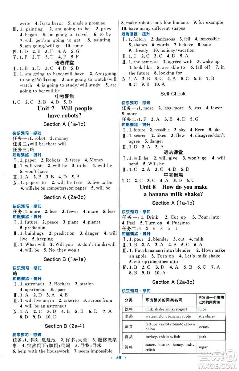 2018新版初中同步測(cè)控優(yōu)化設(shè)計(jì)八年級(jí)英語(yǔ)上冊(cè)人教版參考答案