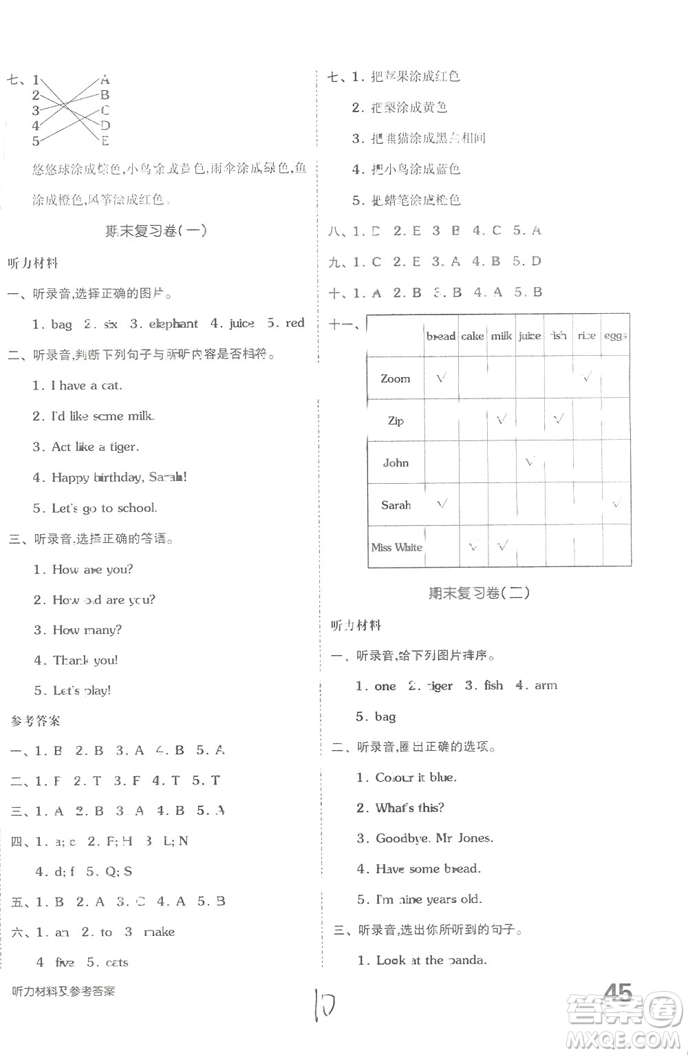 2018秋全品小復習三年級英語上冊人教版RJPEP答案