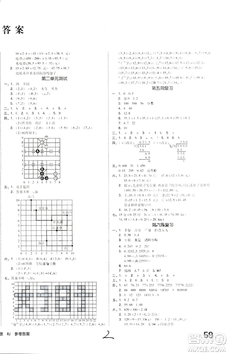 全品小復習2018數(shù)學五年級上冊人教版參考答案