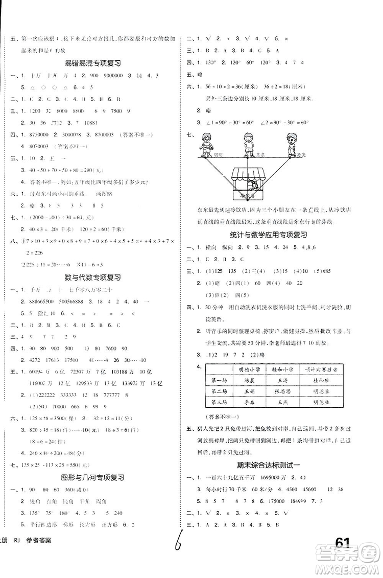 全品小復習2018數(shù)學四年級上冊人教版參考答案