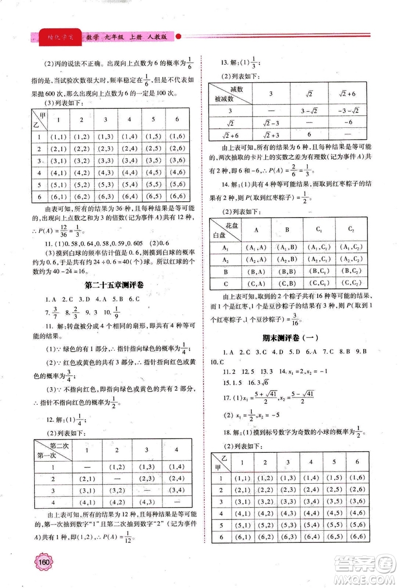 2018年績優(yōu)學(xué)案數(shù)學(xué)九年級上冊人教版參考答案