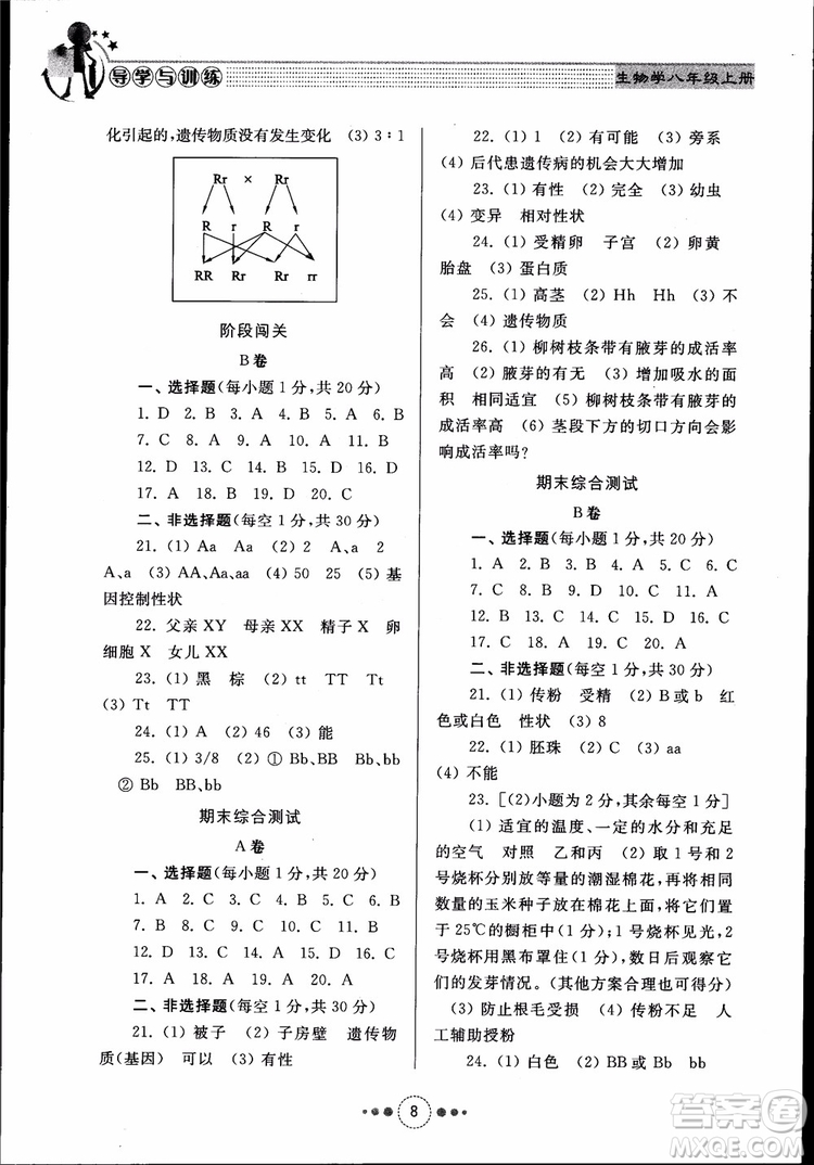 2018年濟(jì)南版初中導(dǎo)學(xué)與訓(xùn)練生物學(xué)八年級(jí)上冊(cè)參考答案