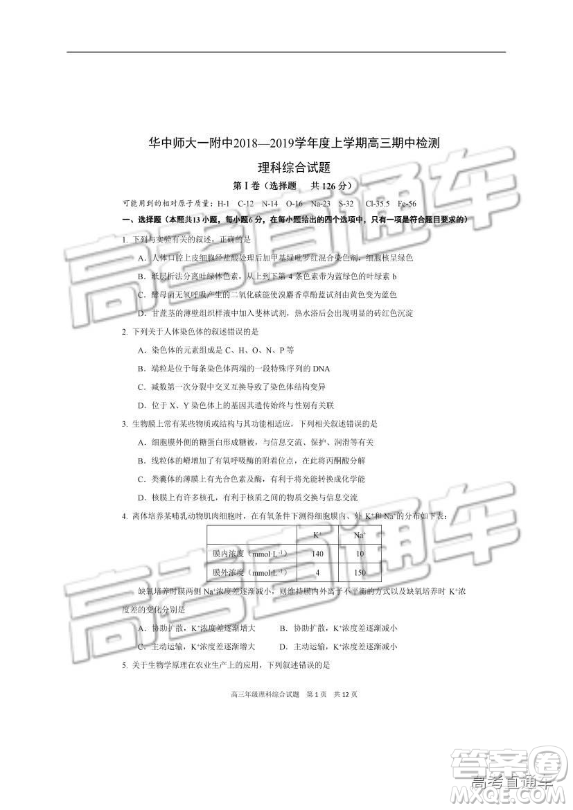 華中師大一附中2018—2019學(xué)年度上學(xué)期高三期中檢測理綜試題及參考答案