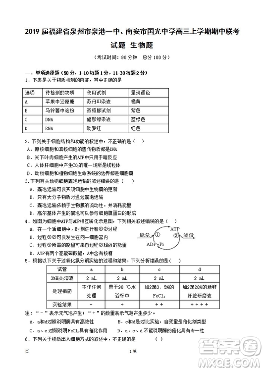 2019屆福建省泉州市泉港一中南安市國(guó)光中學(xué)高三上學(xué)期期中聯(lián)考試題生物答案