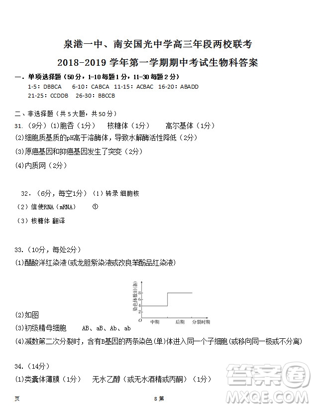 2019屆福建省泉州市泉港一中南安市國(guó)光中學(xué)高三上學(xué)期期中聯(lián)考試題生物答案