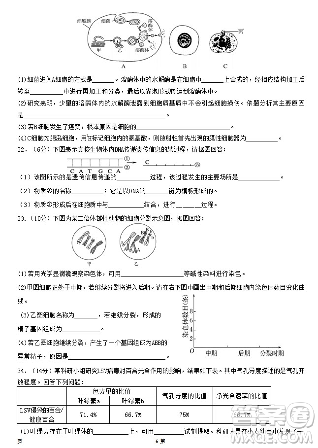 2019屆福建省泉州市泉港一中南安市國(guó)光中學(xué)高三上學(xué)期期中聯(lián)考試題生物答案