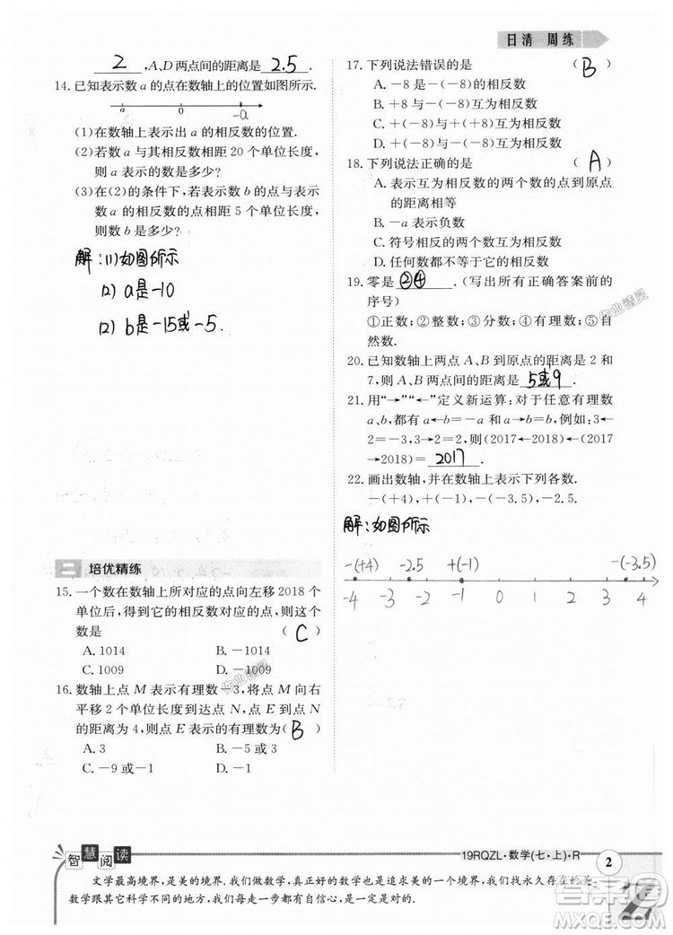 2019新版日清周練七年級數(shù)學(xué)上冊人教版參考答案