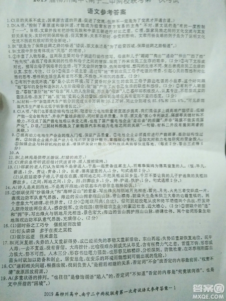 2019屆廣西柳州高中、南寧二中兩校聯(lián)考第一次考試高三語文參考答案