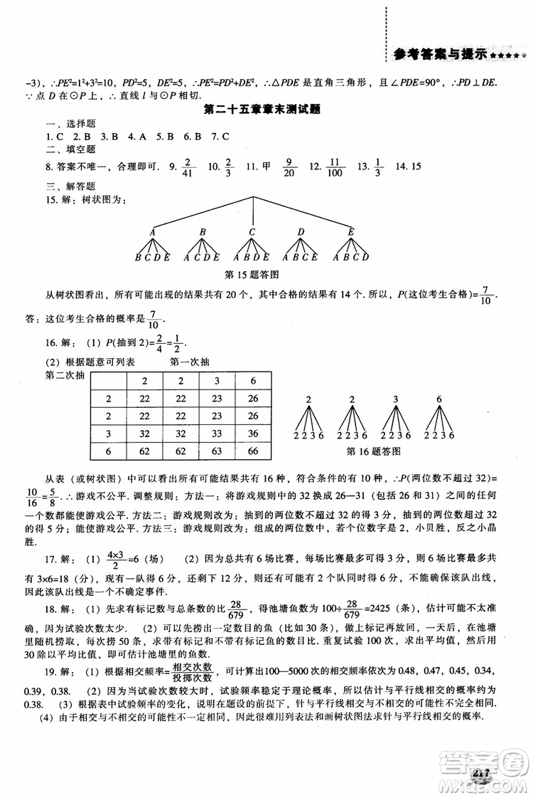 人教版2018新課程能力培養(yǎng)數(shù)學(xué)九年級(jí)上冊(cè)參考答案