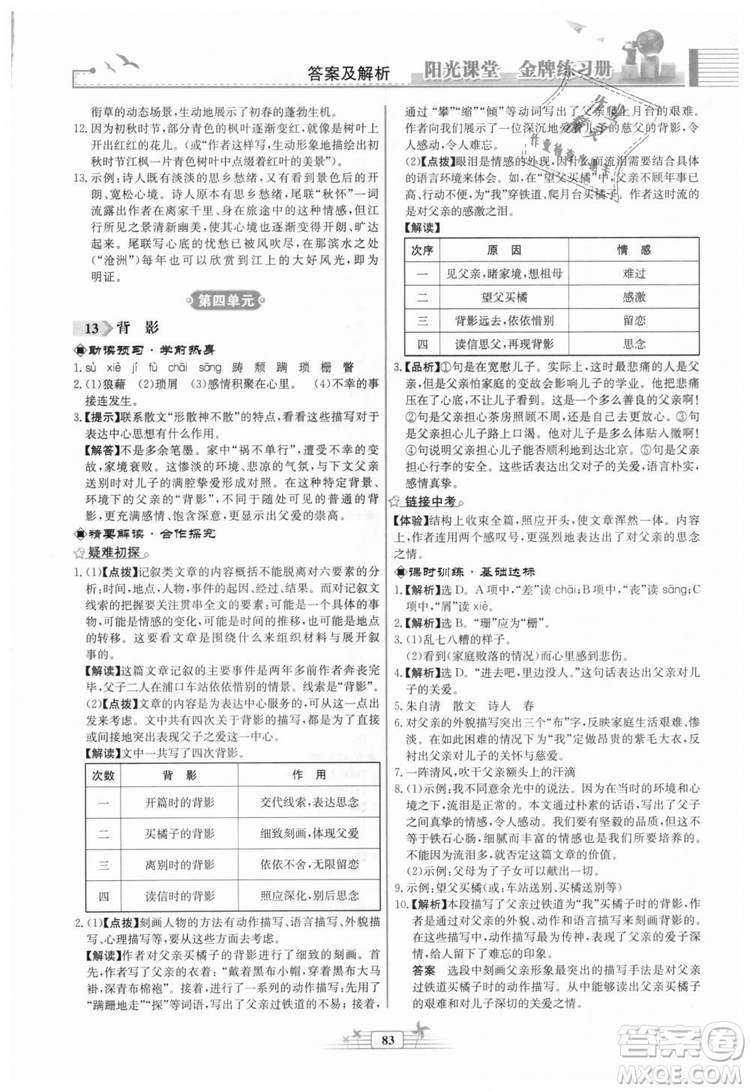 福建專版2018秋陽光課堂金牌練習(xí)冊語文八年級(jí)語文上冊答案