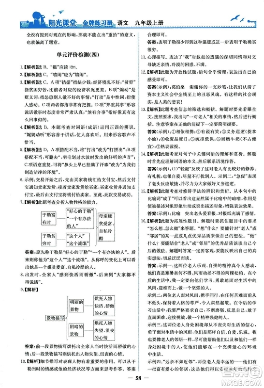 2018秋陽光課堂金牌練習(xí)冊語文九年級上冊人教版答案