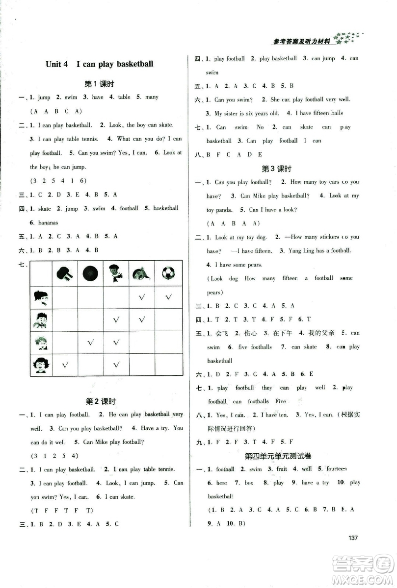 2018秋金3練課堂作業(yè)實驗提高訓練四年級上冊英語江蘇版答案