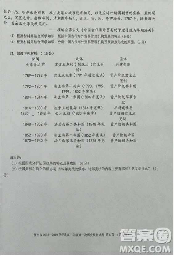 2019屆海南省儋州市高三上學(xué)期第一次統(tǒng)測(cè)歷史試題答案