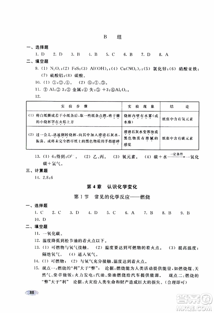 2018版化學(xué)九年級上冊學(xué)生同步學(xué)習(xí)手冊參考答案