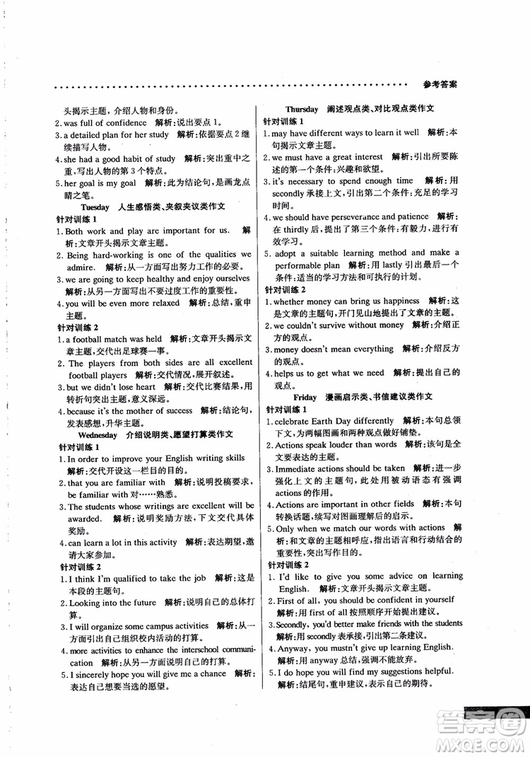 2019版哈佛英語高二書面表達巧學(xué)精練參考答案