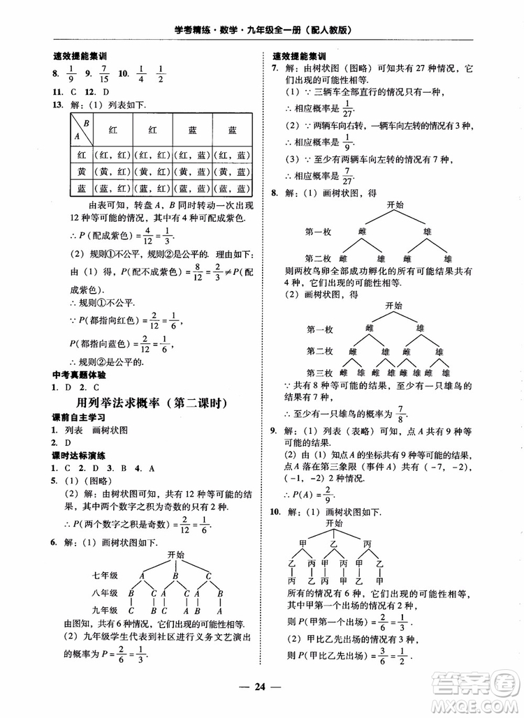 南粵學(xué)典2018學(xué)考精練數(shù)學(xué)九年級全一冊人教版RJ參考答案