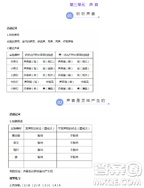 2018浙江四年級上冊科學(xué)作業(yè)本第三單元答案