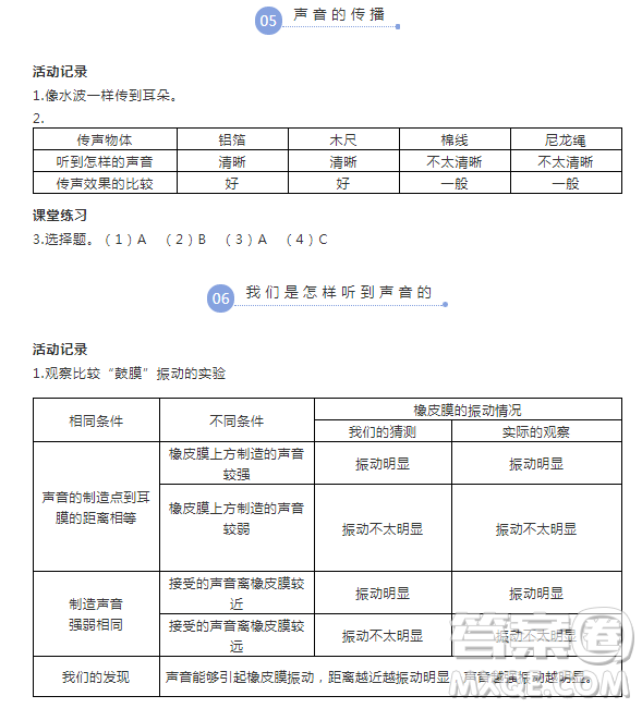 2018浙江四年級上冊科學(xué)作業(yè)本第三單元答案