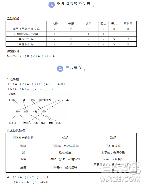 浙江教育出版社2018升級版科學作業(yè)本三年級上冊第三單元答案