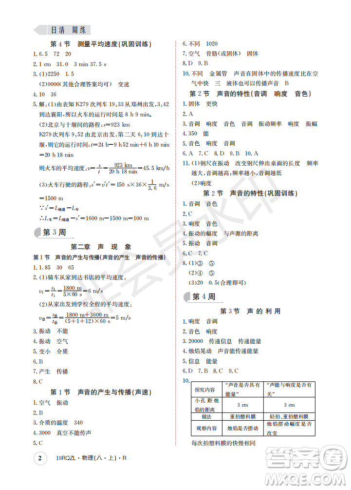 2019新版日清周練八年級物理上冊人教版參考答案