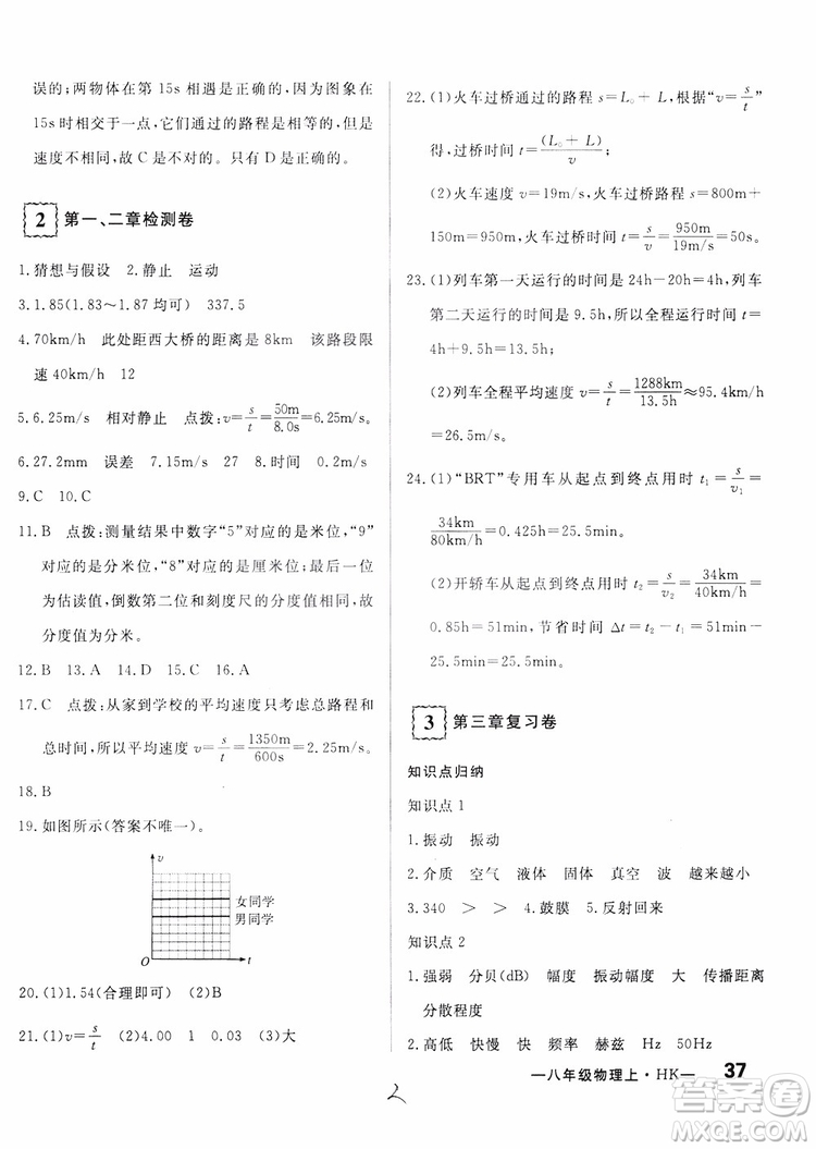 優(yōu)翼叢書2018優(yōu)干線測試卷初中物理八年級上冊HK滬科版參考答案