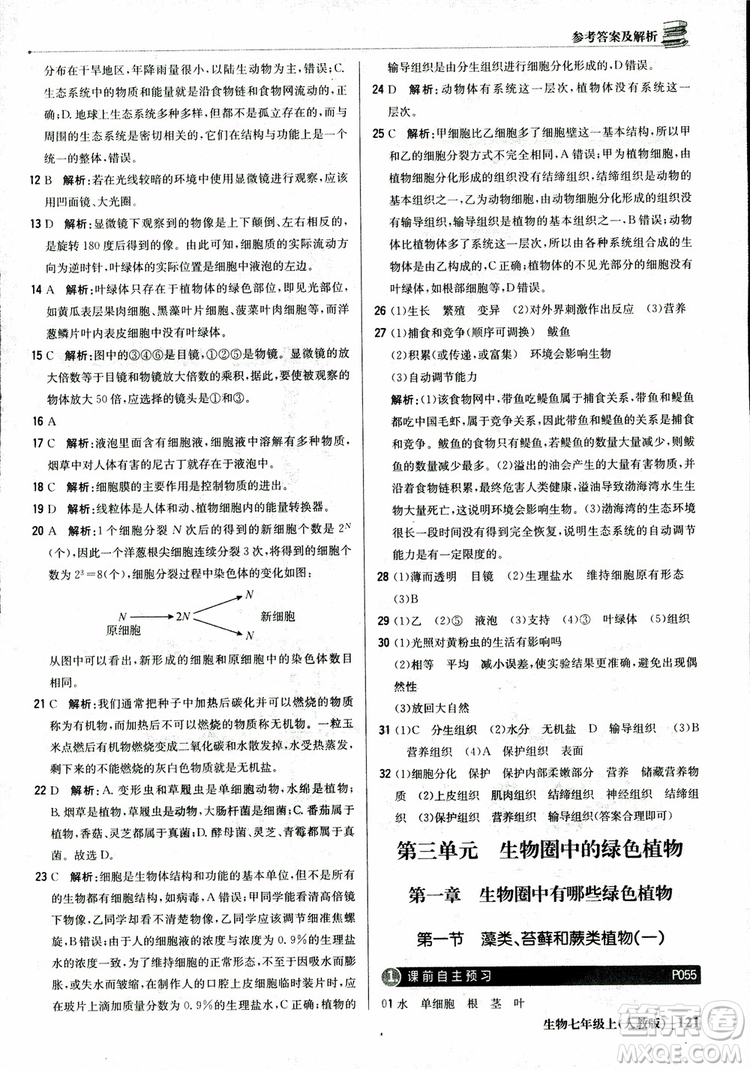 9787552240603人教版銀版1+1輕巧奪冠優(yōu)化訓(xùn)練七年級上冊生物2018參考答案